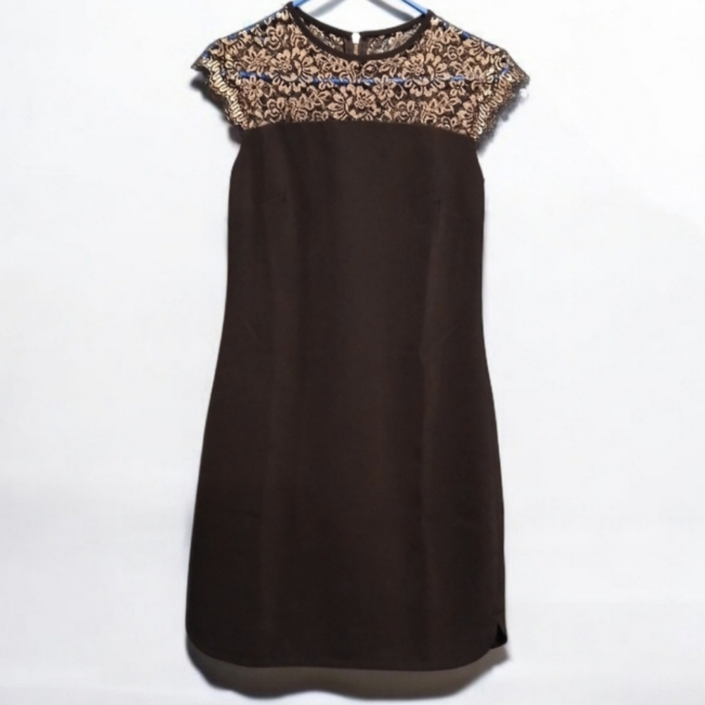 Ted Baker Metallic Shiny Lace Black Dress Gold Zipper Mini Dress size Xs Formal